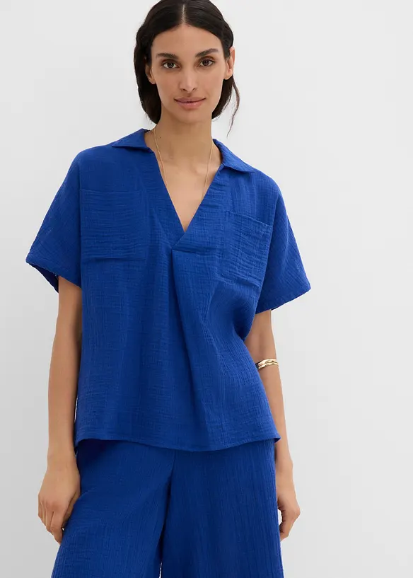 Musselin-Tunikabluse aus reiner Baumwolle in blau von vorne (im Anschnitt) - bonprix