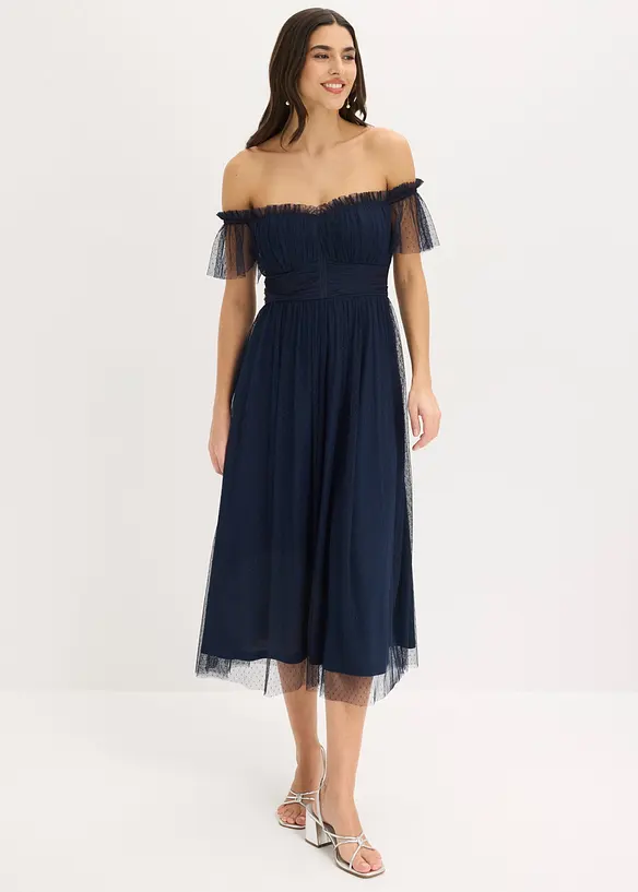 Maxikleid aus zartem Tüll in blau von vorne (Totalaufnahme) - bonprix