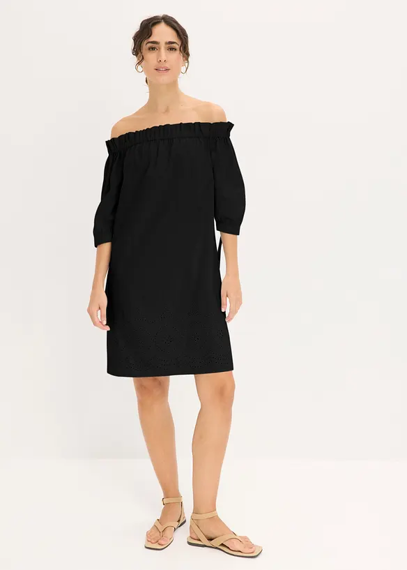 Off-Shoulder-Kleid aus reiner Baumwolle mit Lochstickerei in schwarz von vorne (Totalaufnahme) - bonprix Off-Shoulder-Kleid aus reiner Baumwolle mit Lochstickerei in schwarz von vorne (Totalaufnahme) - bonprix