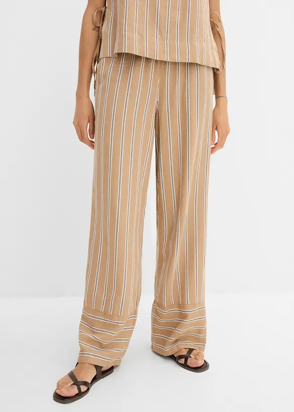 Gestreifte Schlupfhose aus Leinen-Mix in beige von vorne - bonprix