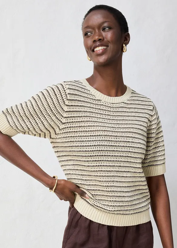 Ajour-Pullover mit Leinen in beige von vorne (im Anschnitt) - bonprix Ajour-Pullover mit Leinen in beige von vorne (im Anschnitt) - bonprix