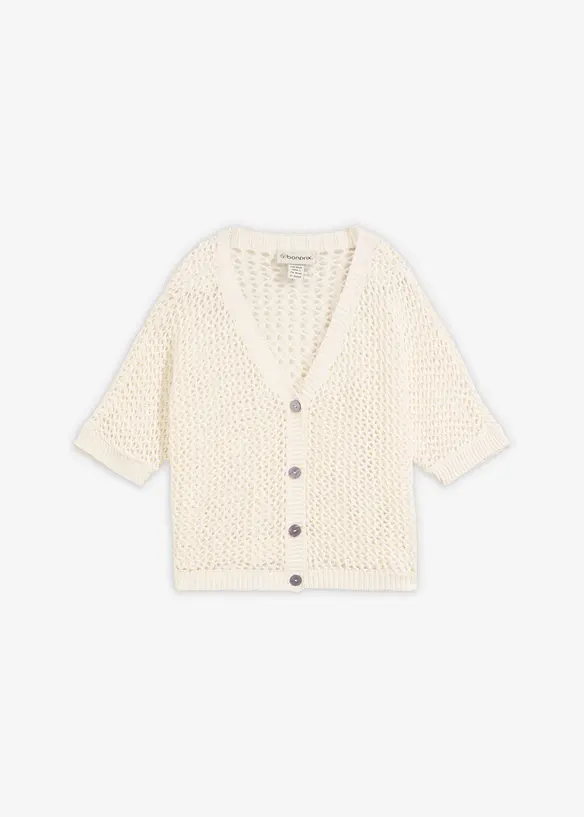 Ajour-Strickjacke aus leichtem Leinen-Mix in weiß von vorne - bonprix