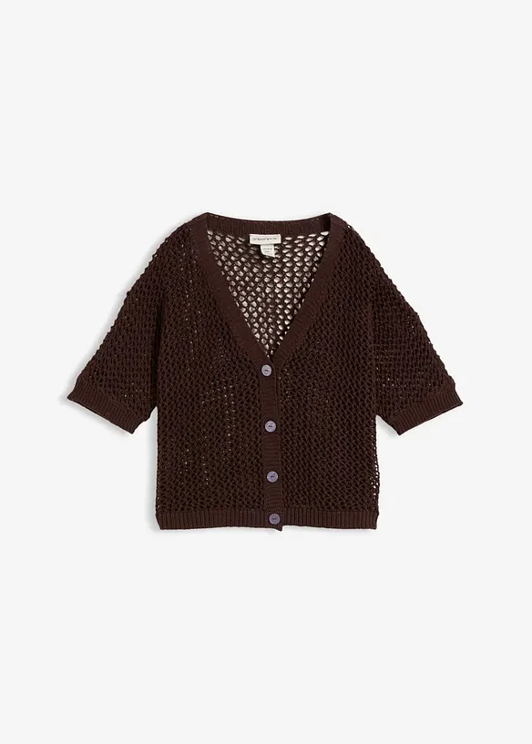 Ajour-Strickjacke aus leichtem Leinen-Mix in braun von vorne - bonprix