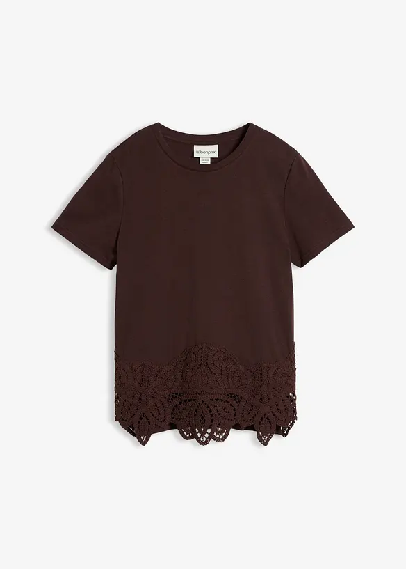 Shirt mit Seidenanteil und Häkelspitze in braun von vorne - bonprix