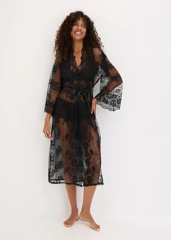 Langer Kimono in schwarz von vorne (Totalaufnahme) - bonprix