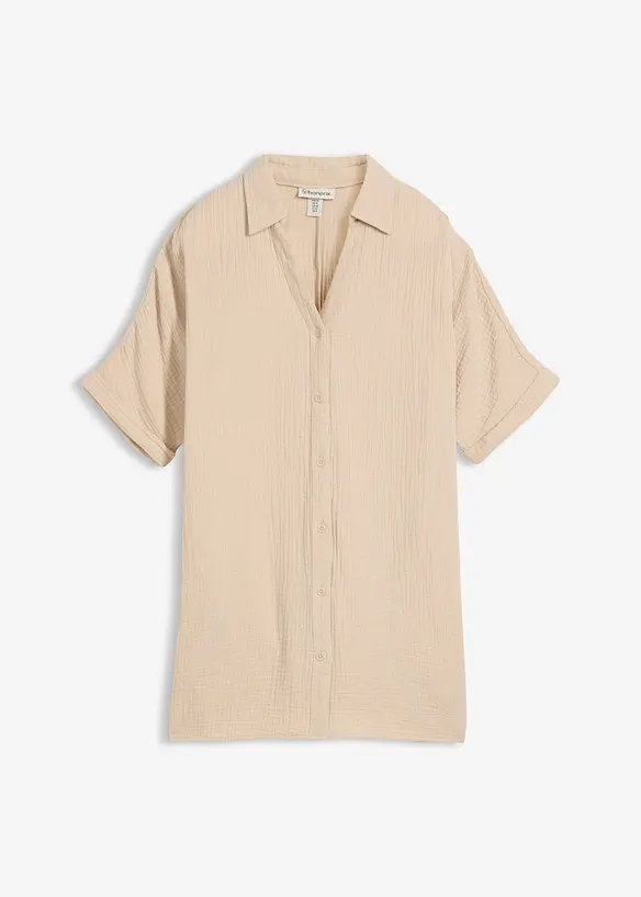 Musselin-Oversize-Longbluse aus reiner Baumwolle in beige von vorne - bonprix
