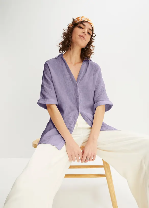 Musselin-Oversize-Longbluse aus reiner Baumwolle in lila von vorne (im Anschnitt) - bonprix
