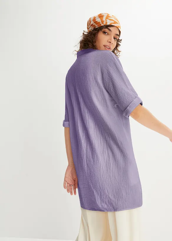 Musselin-Oversize-Longbluse aus reiner Baumwolle in lila von hinten (im Anschnitt) - bonprix