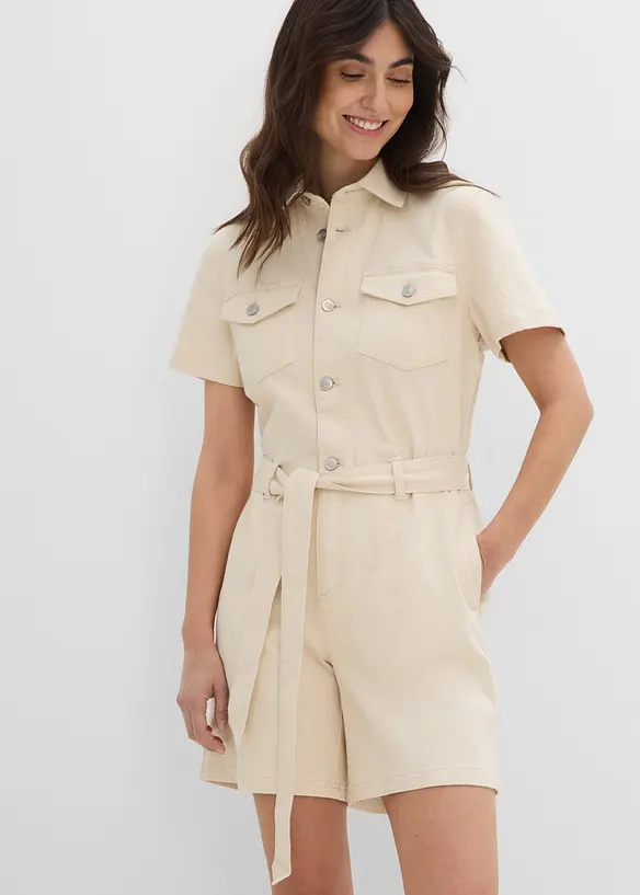 Jeans-Overall Kurzarm in beige von vorne (Totalaufnahme) - bonprix Jeans-Overall Kurzarm in beige von vorne (Totalaufnahme) - bonprix