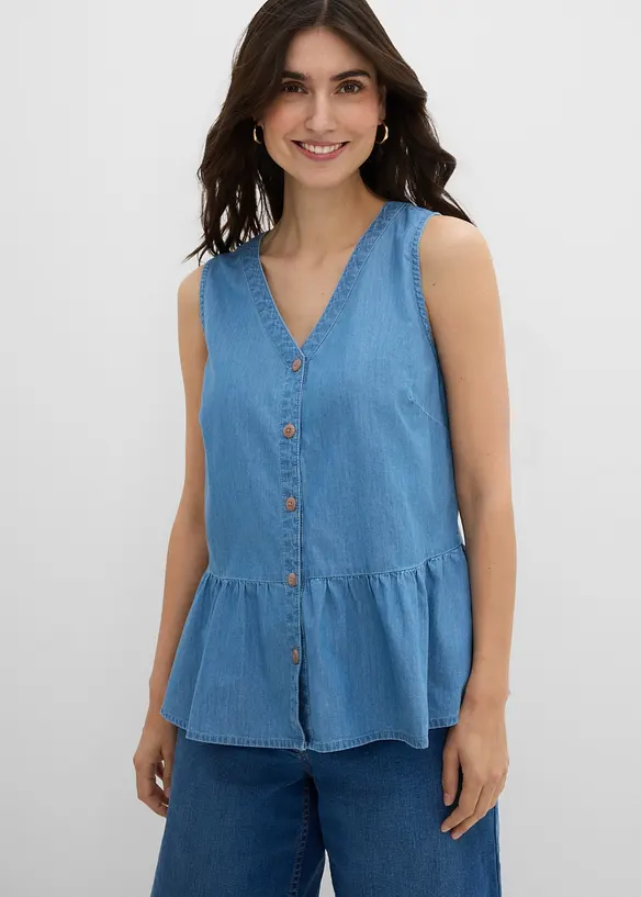Jeans-Blusentop aus Bio-Baumwolle in blau von vorne (im Anschnitt) - bonprix