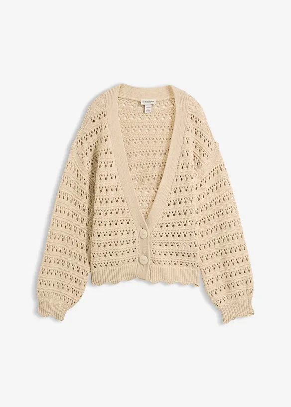 Ajour-Strickjacke aus reiner Baumwolle in beige von vorne - bonprix