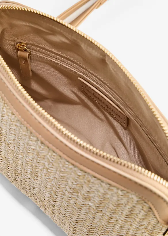 Umhängetasche in Strohoptik in beige geöffnet - bonprix