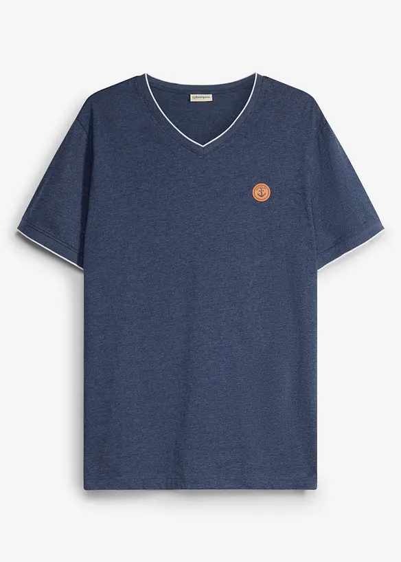 T-Shirt mit V-Ausschnitt in Doppeloptik in blau von vorne - bonprix