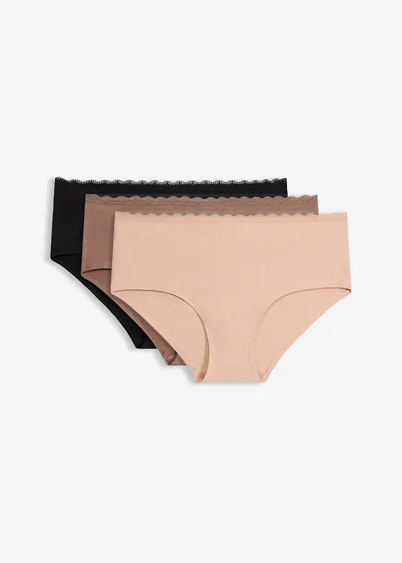 Umstandspanty mit Bio-Baumwolle und Spitze (3er Pack) in braun von vorne - bonprix