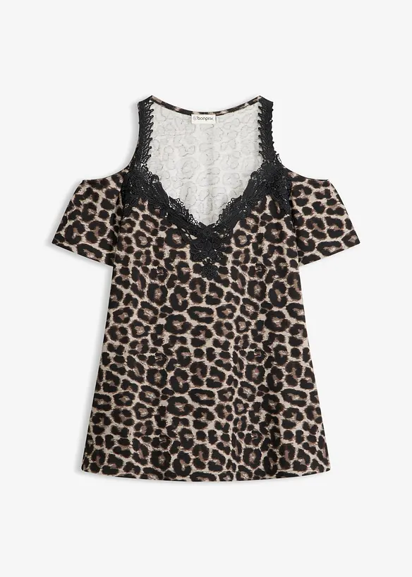 Cold-Shoulder-Shirt mit Spitze in schwarz von vorne - bonprix