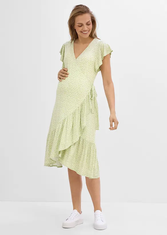 2-in-1 Umstands- und Stillkleid zum Wickeln in grün von vorne (Totalaufnahme) - bonprix