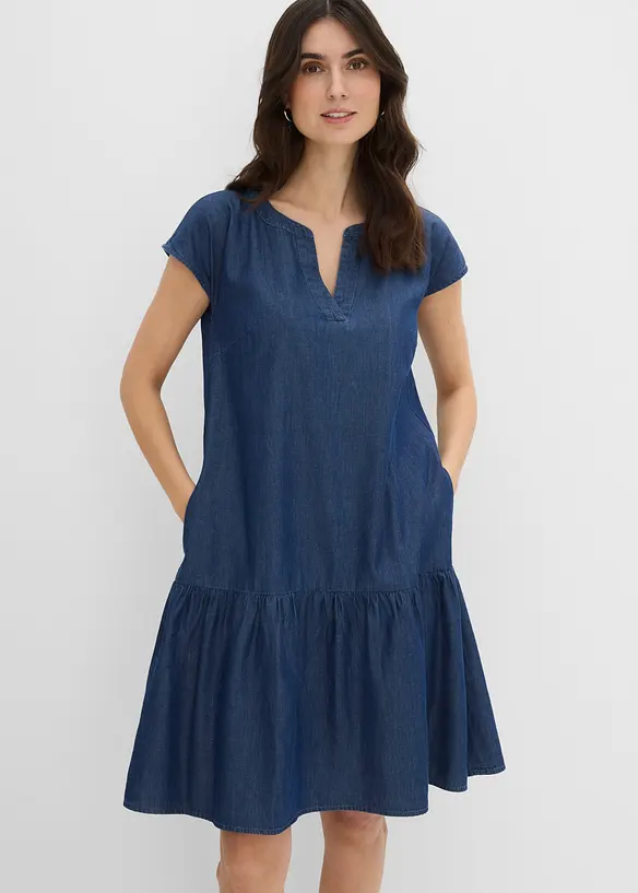 Jeans-Tunika-Kleid aus Baumwolle in blau von vorne (Totalaufnahme) - bonprix