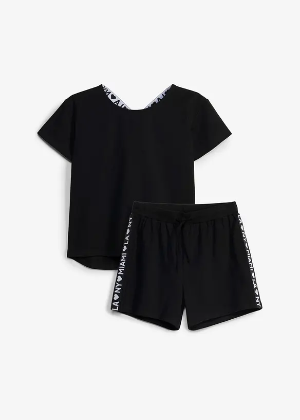 Shirt und Shorts aus elastischem Bio-Baumwoll-Mix (2-tlg.Set) in schwarz von vorne - bonprix