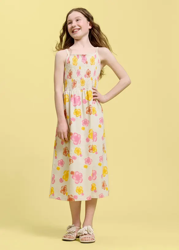 Jerseykleid aus elastischem Bio-Baumwoll-Mix in beige von vorne (Totalaufnahme) - bonprix