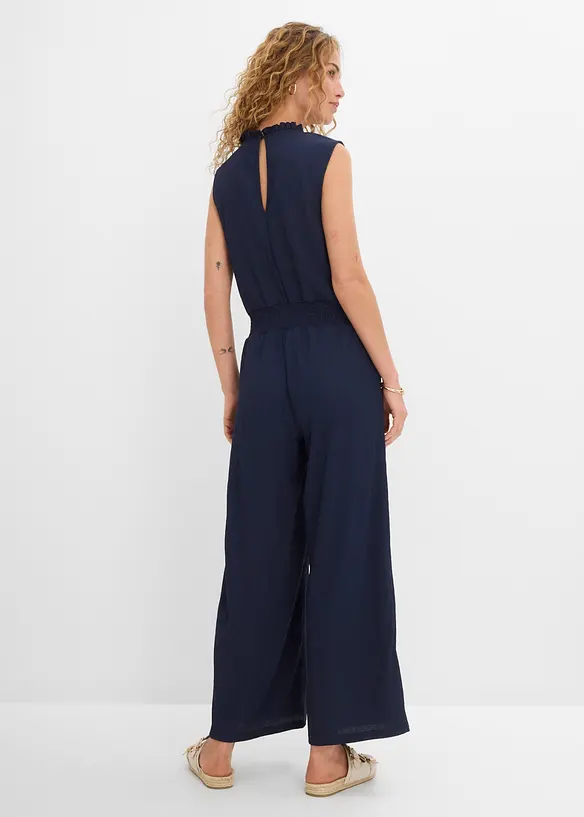 Jersey-Jumpsuit aus strukturiertem Crêpe in blau von hinten (Totalaufnahme) - bonprix Jersey-Jumpsuit aus strukturiertem Crêpe in blau von hinten (Totalaufnahme) - bonprix
