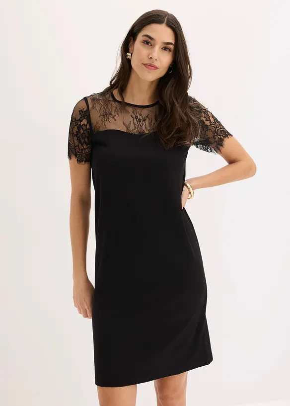 Jerseykleid mit Spitze in schwarz von vorne (Totalaufnahme) - bonprix Jerseykleid mit Spitze in schwarz von vorne (Totalaufnahme) - bonprix