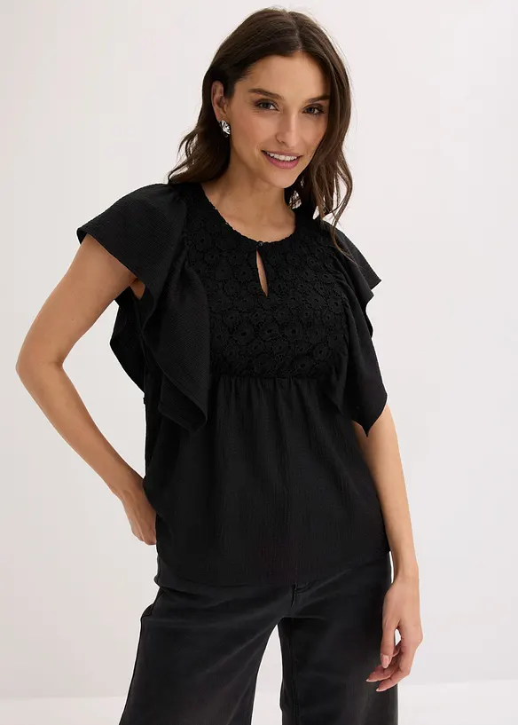 Shirtbluse aus strukturiertem Crêpe in schwarz von vorne (im Anschnitt) - bonprix Shirtbluse aus strukturiertem Crêpe in schwarz von vorne (im Anschnitt) - bonprix