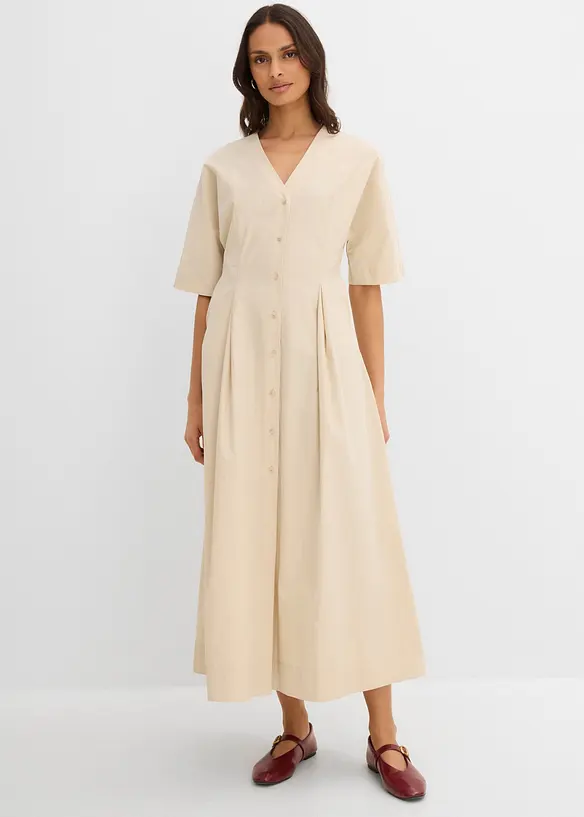 Midikleid aus reiner Baumwolle in beige von vorne (Totalaufnahme) - bonprix Midikleid aus reiner Baumwolle in beige von vorne (Totalaufnahme) - bonprix