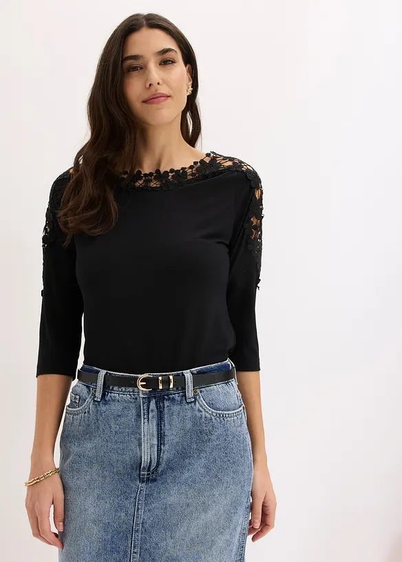 Shirt mit Häkeleinsatz und kurzem Arm in schwarz von vorne (im Anschnitt) - bonprix Shirt mit Häkeleinsatz und kurzem Arm in schwarz von vorne (im Anschnitt) - bonprix