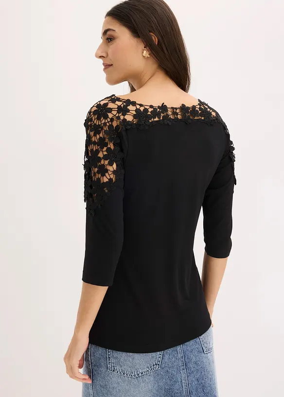 Shirt mit Häkeleinsatz und kurzem Arm in schwarz von hinten (im Anschnitt) - bonprix Shirt mit Häkeleinsatz und kurzem Arm in schwarz von hinten (im Anschnitt) - bonprix