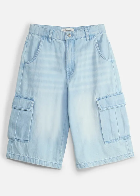 Long-Cargo-Jeansbermuda mit verstellbarem Bund, Baggy Fit in blau von vorne - bonprix