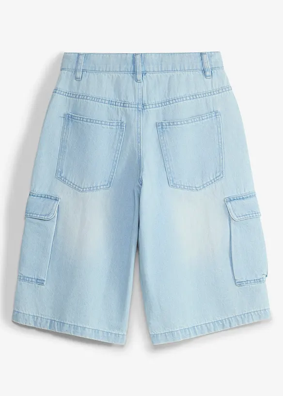 Long-Cargo-Jeansbermuda mit verstellbarem Bund, Baggy Fit in blau von hinten - bonprix