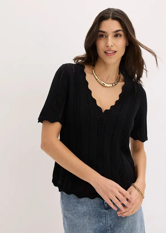 Strickshirt mit tiefem Ausschnitt in schwarz von vorne (im Anschnitt) - bonprix Strickshirt mit tiefem Ausschnitt in schwarz von vorne (im Anschnitt) - bonprix