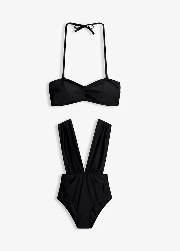 Badeanzug + Bandeau-Bikinioberteil (2-tlg.Set) in schwarz von vorne - bonprix