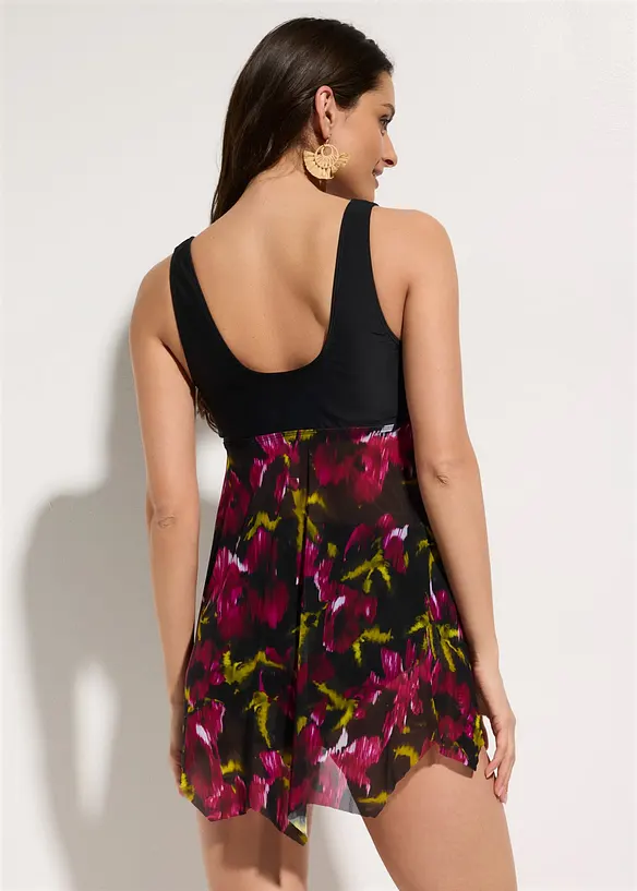 Long-Tankini mit bedrucktem Netzmaterial (2-tlg.Set) in schwarz von hinten (Totalaufnahme) - bonprix