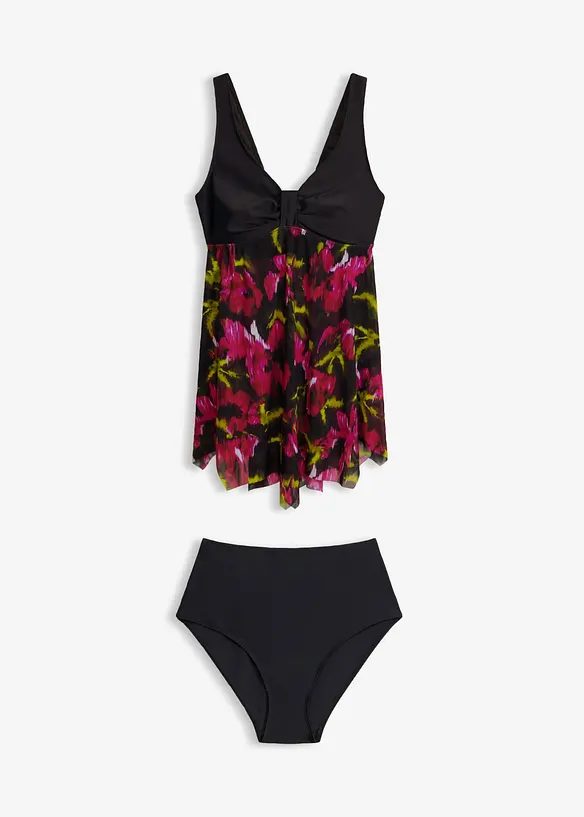 Long-Tankini mit bedrucktem Netzmaterial (2-tlg.Set) in schwarz von vorne - bonprix