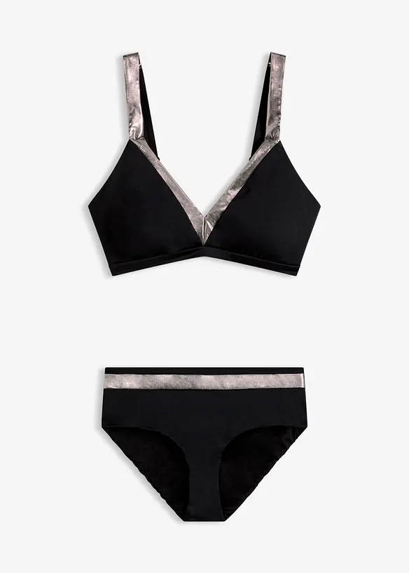 Bikini mit silberfarbenen Einsätzen (2-tlg.Set) in schwarz von vorne - bonprix