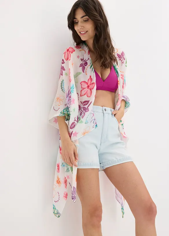 Leichter Sommerponcho mit floralem Druck in weiß von vorne (im Anschnitt) - bonprix