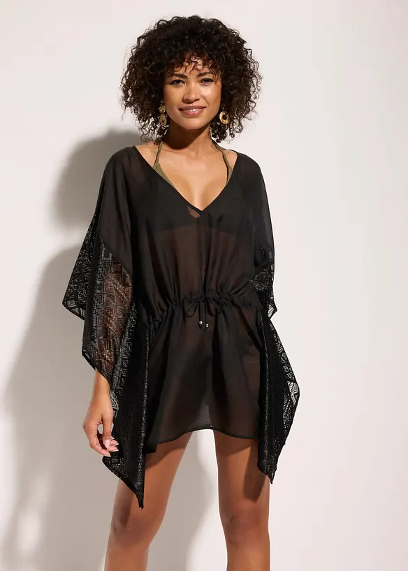Strandtunika mit Spitze in schwarz von vorne (im Anschnitt) - bonprix