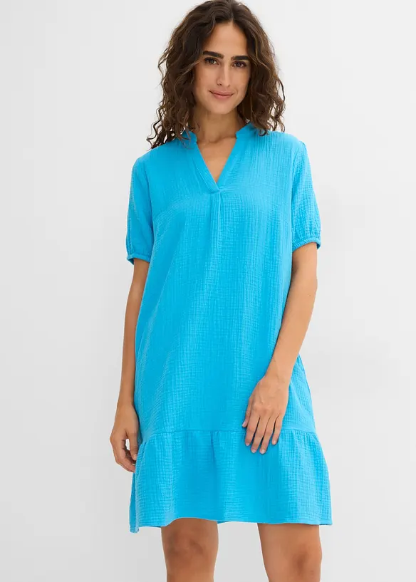 Musselin-Minikleid aus reiner Baumwolle in blau von vorne (Totalaufnahme) - bonprix