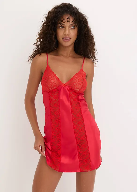 Satin Negligé in rot von vorne (Totalaufnahme) - bonprix