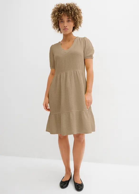 Musselin-Oversize-Kleid aus reiner Baumwolle in beige von vorne (Totalaufnahme) - bonprix