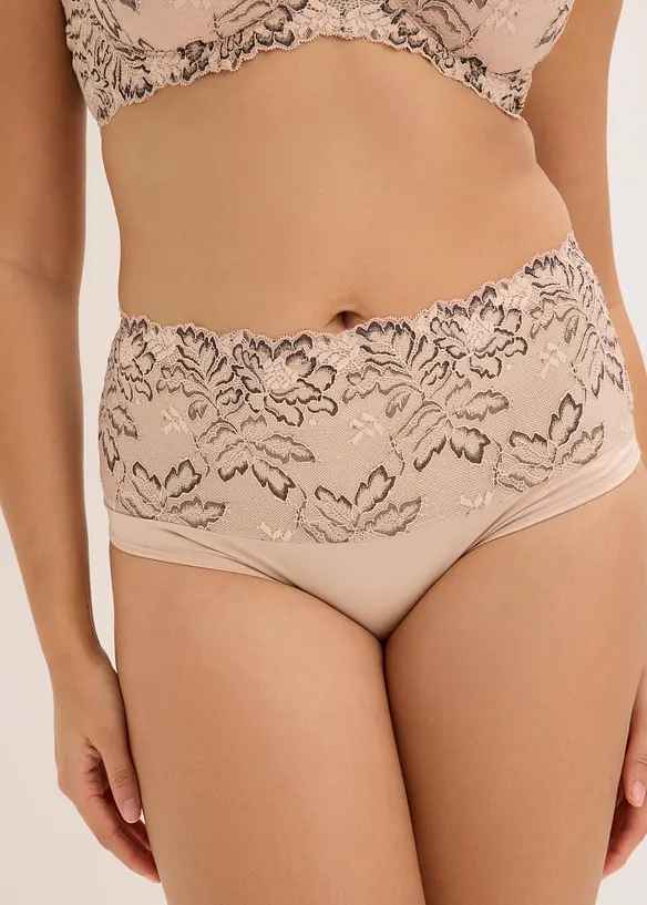 Highwaist Panty mit zarter Spitze in beige von vorne - bonprix