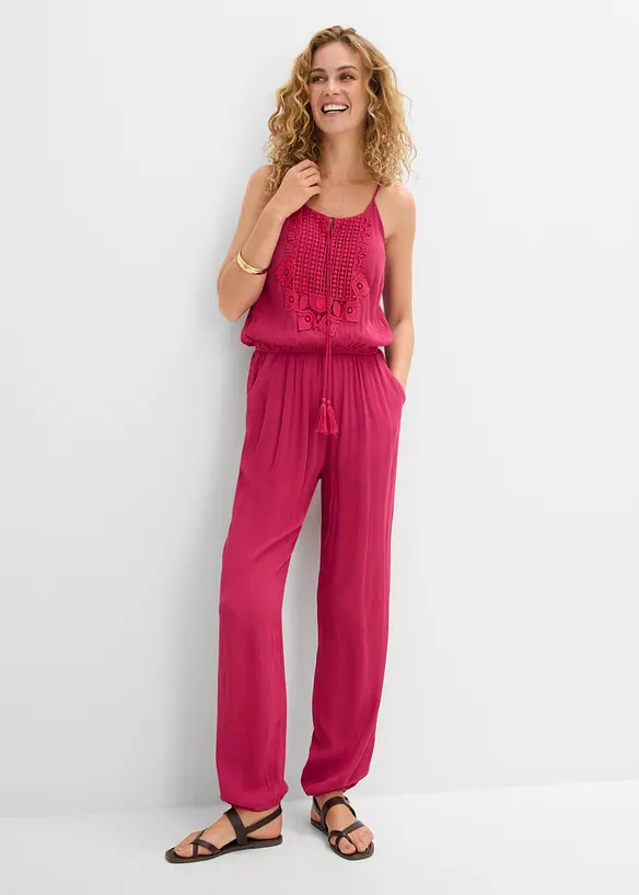Jumpsuit aus strukturierter Viskose in pink von vorne (Totalaufnahme) - bonprix