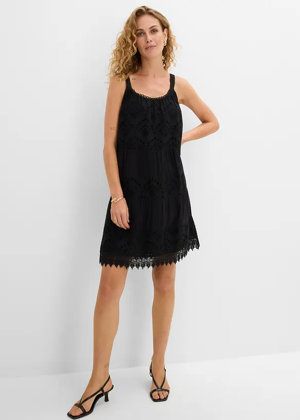 Trägerkleid aus Viskose mit Spitze in schwarz von vorne (Totalaufnahme) - bonprix