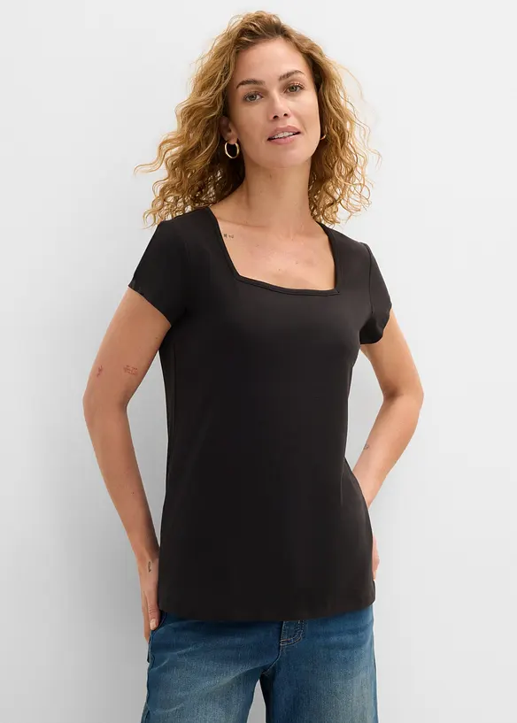 Kurzarmshirt mit Karree-Ausschnitt in schwarz von vorne (im Anschnitt) - bonprix