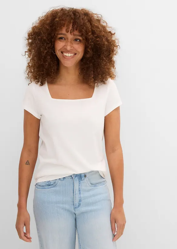Kurzarmshirt mit Karree-Ausschnitt in weiß von vorne (im Anschnitt) - bonprix