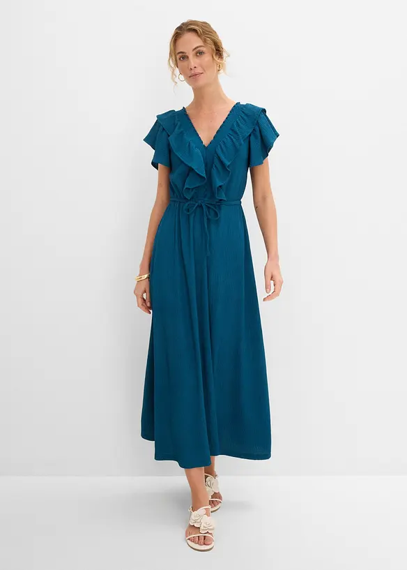 Maxikleid mit Volant in petrol von vorne (Totalaufnahme) - bonprix
