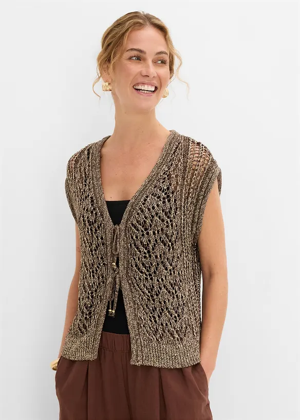 Ajour-Strickweste mit Viskose und Glitzergarn in braun von vorne (im Anschnitt) - bonprix