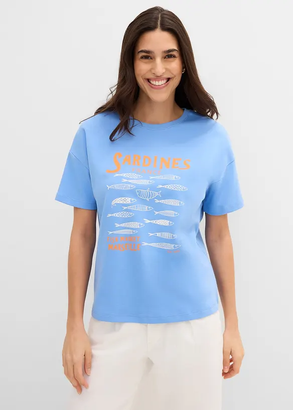 T-Shirt aus schwerer Bio-Baumwolle in blau von vorne (im Anschnitt) - bonprix