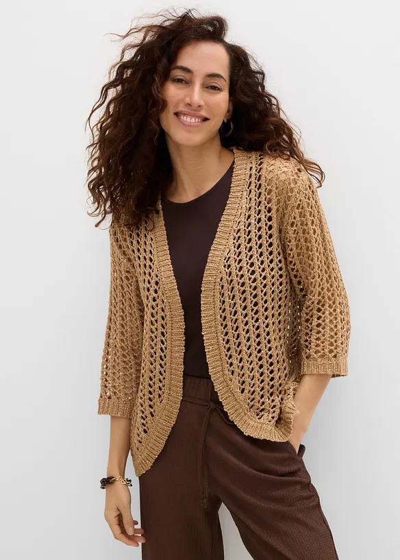 Ajour-Strickjacke mit Pailletten in beige von vorne (im Anschnitt) - bonprix